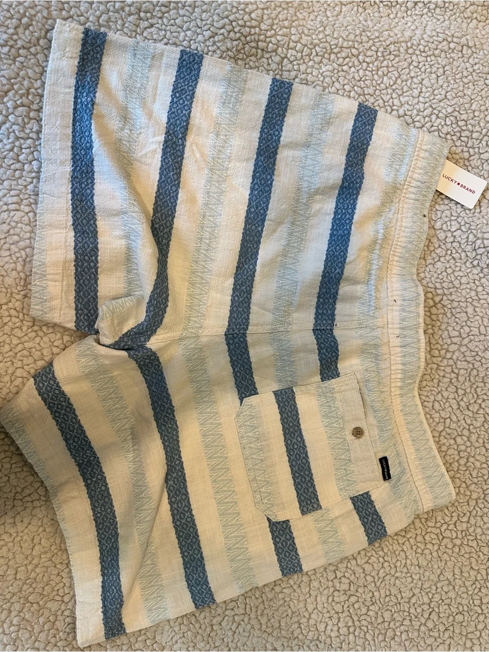 Lucky Brand Cream and Light Blue Striped Drawstring Athletic Shorts
